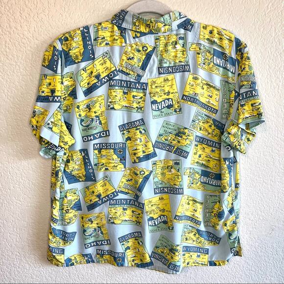 Vintage road trip states button down Liz Claiborne blue and yellow blouse size M - Picture 8 of 12